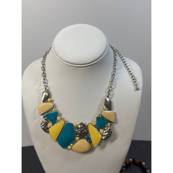 Matching Necklace Earrings Set Turquoise Yellow Stone Statement Silver Closure - Picture 1 of 9